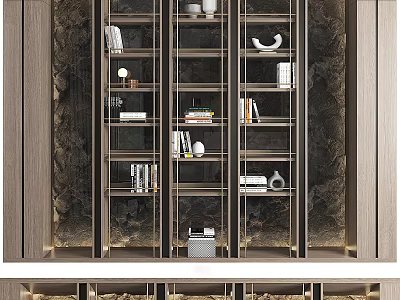 Elegant Modern Display Cabinet With Wooden Frame Metal Details Books Vases And Decorative Sculptures 3d model