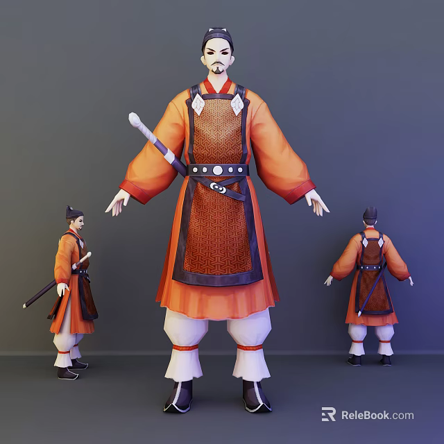 Ancient Style Game Movie Character In Orange Robe With Brown Ornament And Staff 3d model 