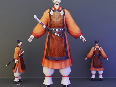 Ancient Style Game Movie Character In Orange Robe With Brown Ornament And Staff 3d model