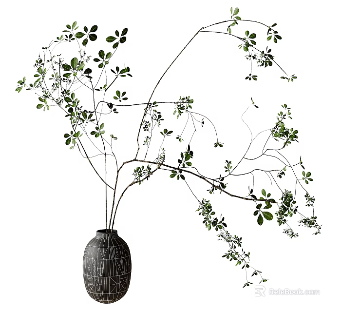 Textured Black Vase With Slender Branches And Fresh Green Leaves For Home Interior Decoration 3d model 