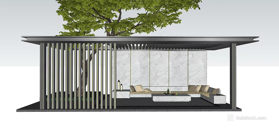 Modern Pergola With Large Tree Metal Lattice Marble Wall And Outdoor Lounge Sofa Coffee Table 3d model 