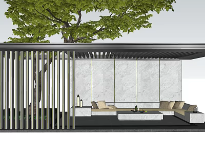 Modern Pergola With Large Tree Metal Lattice Marble Wall And Outdoor Lounge Sofa Coffee Table 3d model