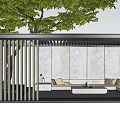 Modern Pergola With Large Tree Metal Lattice Marble Wall And Outdoor Lounge Sofa Coffee Table