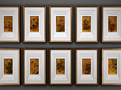 Traditional Flower Bird Paintings In Gold Framed White Mats Arranged Two Rows Five Columns 3d model