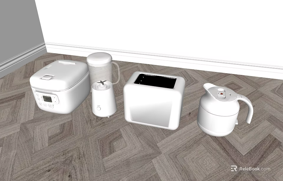 White Modern Kitchen Appliances Including Rice Cooker Toaster And Kettle On Wooden Floor 3d model 