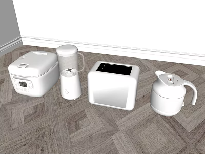 White Modern Kitchen Appliances Including Rice Cooker Toaster And Kettle On Wooden Floor 3d model