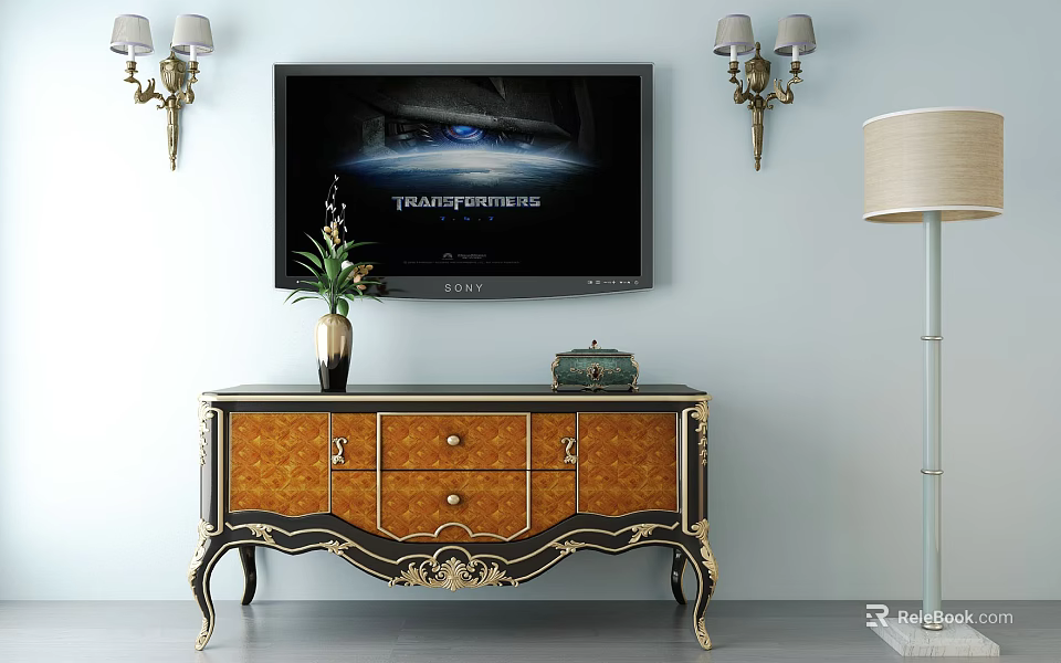 Classic TV Cabinet with Gold Accents Vase Plants Decorative Box Under Wall Mounted TV Sconces 3d model 