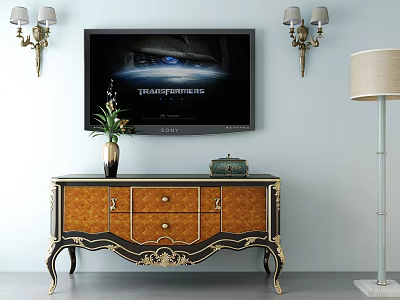 Classic TV Cabinet with Gold Accents Vase Plants Decorative Box Under Wall Mounted TV Sconces 3d model