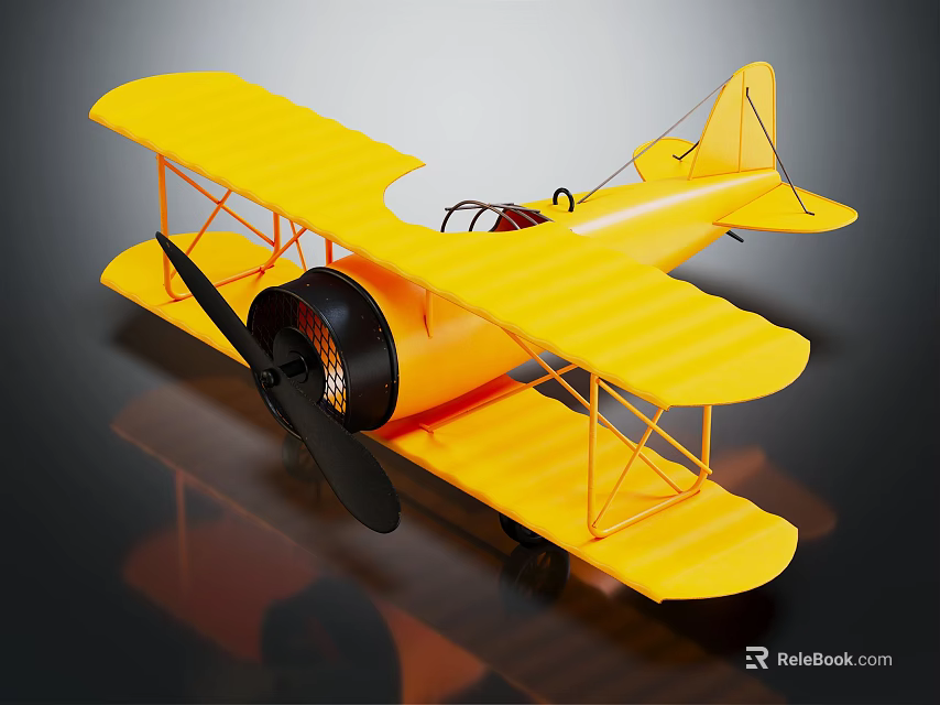 Vintage Style Yellow Biplane Airplane Model With Black Propeller And Orange Struts 3d model 