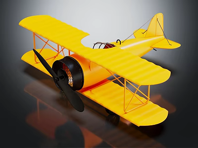Vintage Style Yellow Biplane Airplane Model With Black Propeller And Orange Struts 3d model