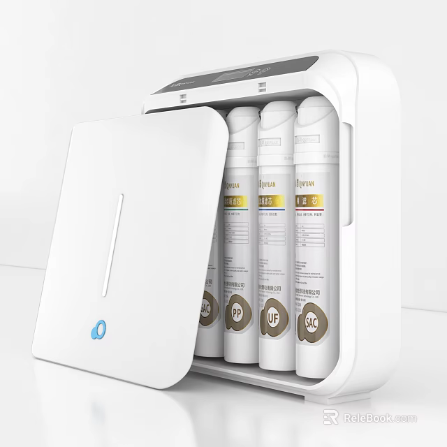 White Water Purifier With Open Lid And Three Internal Filter Cartridges 3d model 