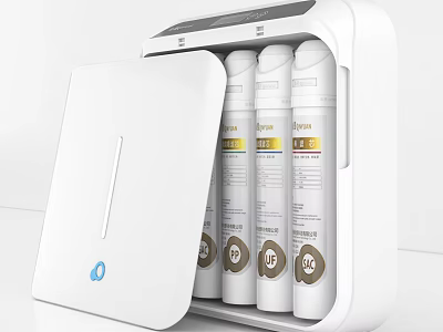 White Water Purifier With Open Lid And Three Internal Filter Cartridges 3d model