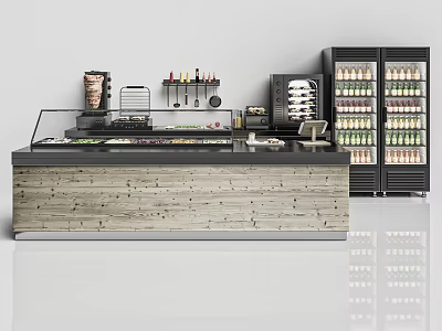 Modern Wooden Panel Cabinets With Glass Display Counter And Side Refrigerators Filled With Drinks 3d model