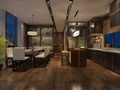 Modern Restaurant Interior With Dining Table Chairs Open Kitchen Hanging Lights And Wooden Floors 3d model