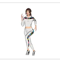 Woman In White Sweatsuit With Colorful Patterns Running In Front And Back Views