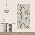 Abstract Painting With Brown Blue Lines Near Marble Table And Pendant Light