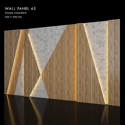Modern Geometric Wall Decor With Wooden Panels Stone Texture And Strip Lighting 3d model