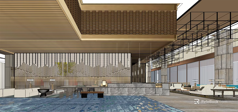 Modern Store Front Desk With Wooden Ceiling Marble Counter And Blue Patterned Floor 3d model