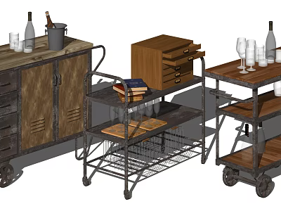 Commercial Wheeled Carts With Metal Wooden Frames And Bottles Glasses Books 3d model