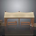 Outdoor Wooden Canopy Structure With Benches Clay Pots And Wooden Boxes