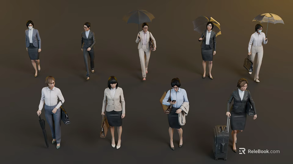Group of Business Women in Professional Attire Walking with Handbags Umbrellas and Suitcases 3d model 