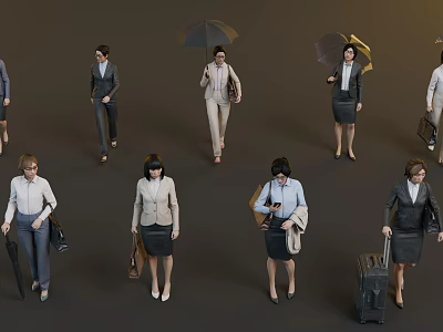 Group of Business Women in Professional Attire Walking with Handbags Umbrellas and Suitcases 3d model