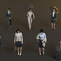 Group of Business Women in Professional Attire Walking with Handbags Umbrellas and Suitcases