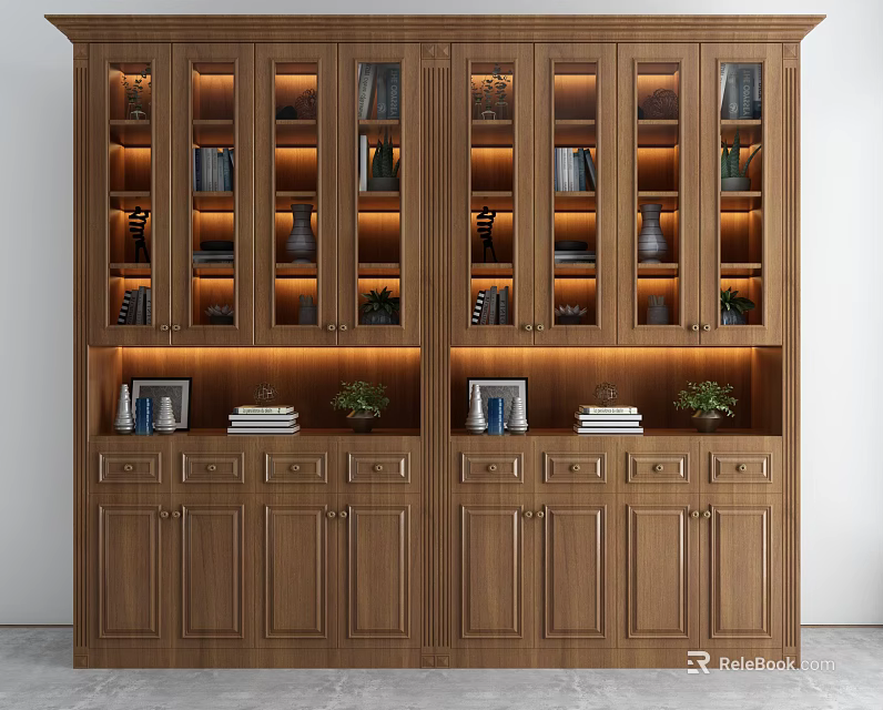 Elegant Wooden Bookcase Interior Design With Glass Doors Lighting Books And Decorative Items 3d model 