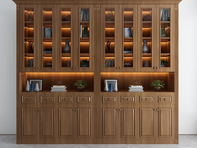 Elegant Wooden Bookcase Interior Design With Glass Doors Lighting Books And Decorative Items 3d model