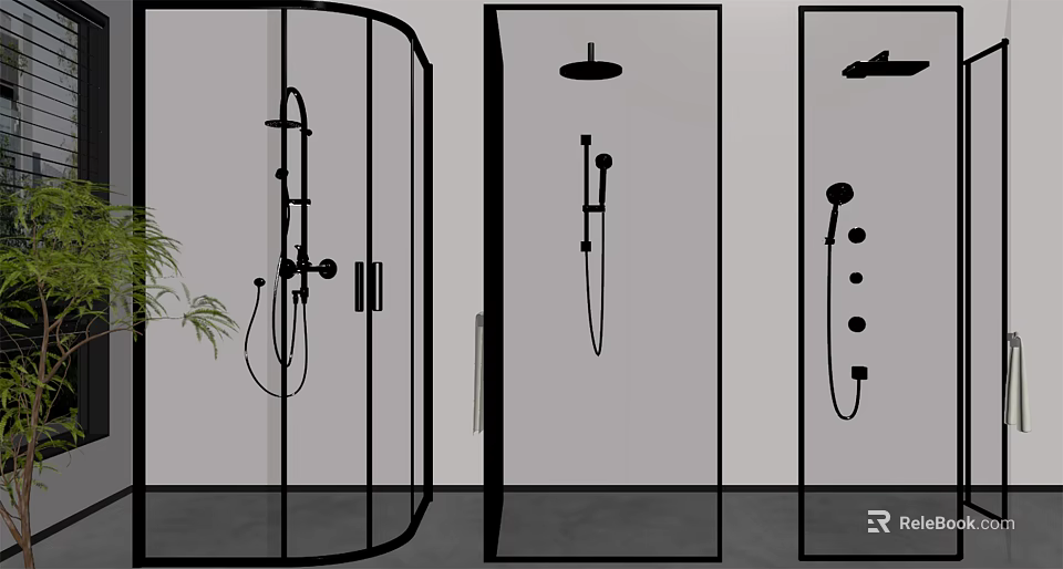 Modern Shower Sauna Interior With Glass Enclosures Black Fixtures And Various Showerhead Designs 3d model 
