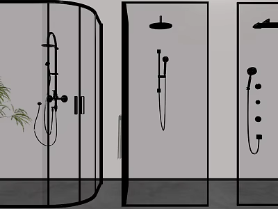Modern Shower Sauna Interior With Glass Enclosures Black Fixtures And Various Showerhead Designs 3d model