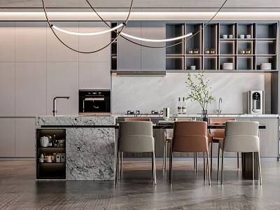 Modern Restaurant Kitchen With Open Design Marble Island Cabinets And Pendant Lights Dining Table Chairs 3d model