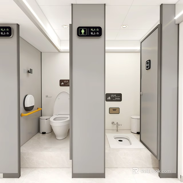 Clean Modern Public Restroom With Toilet Stalls Squat Toilet Handrail And Trash Can 3d model 