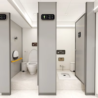 Clean Modern Public Restroom With Toilet Stalls Squat Toilet Handrail And Trash Can 3d model