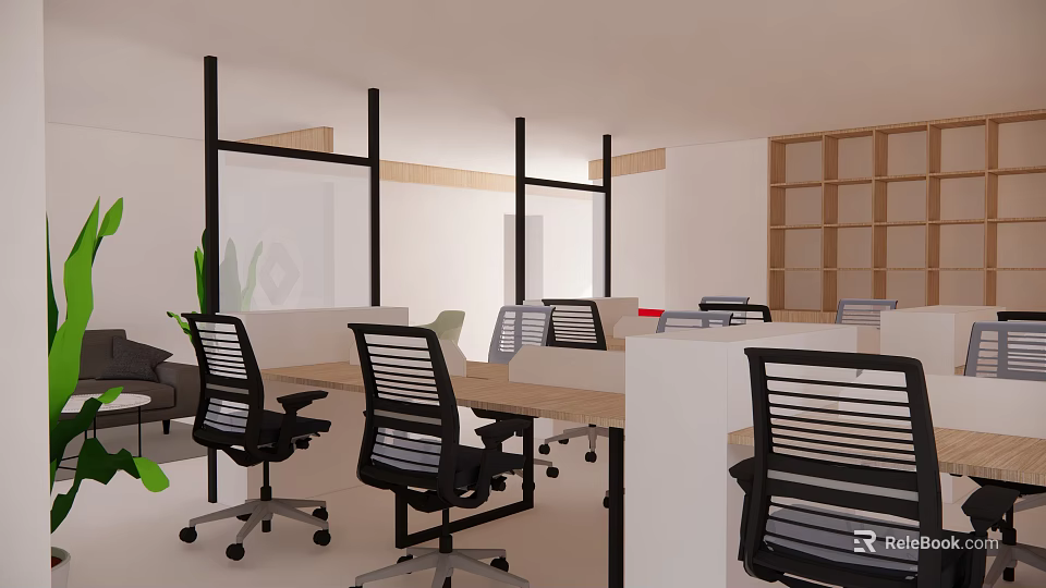 Modern Public Office Space With Desks Chairs Partitions Green Plants And Bookshelves 3d model 