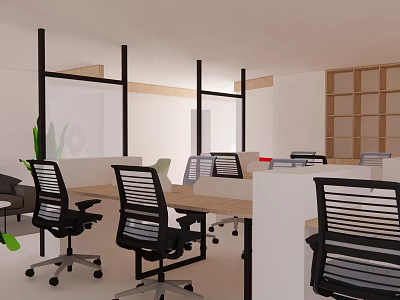 Modern Public Office Space With Desks Chairs Partitions Green Plants And Bookshelves 3d model