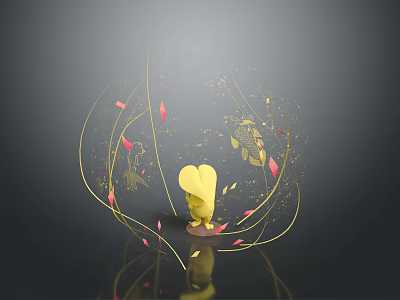 Artistic Yellow Heart Shaped Chandelier With Golden Lines And Red Petals 3d model
