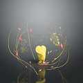 Artistic Yellow Heart Shaped Chandelier With Golden Lines And Red Petals