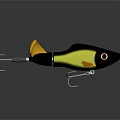 3D Rendered Shiny Fishing Lure With Yellow Black Body Orange Tail And Metal Hooks