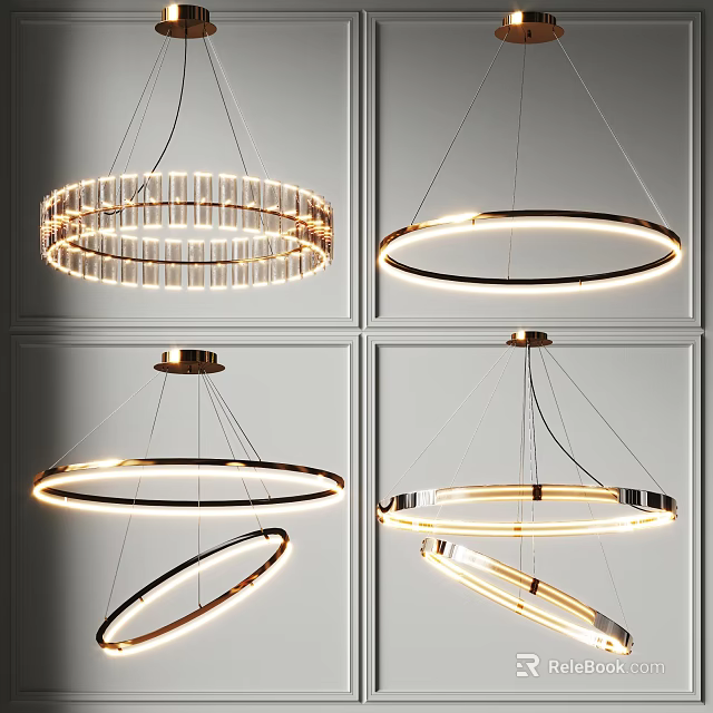 Modern Stylish Circular Ring Chandeliers Featuring Metallic Frame And LED Lighting 3d model