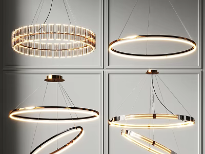 Modern Stylish Circular Ring Chandeliers Featuring Metallic Frame And LED Lighting 3d model