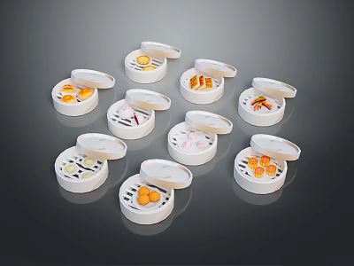 White Round Storage Containers with Open Lids and Various Foods Inside for Daily Use 3d model