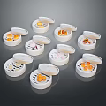 White Round Storage Containers with Open Lids and Various Foods Inside for Daily Use