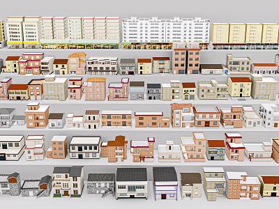 Various Style And Color Building Models With Multi Story And Single Family Designs Arranged Neatly 3d model