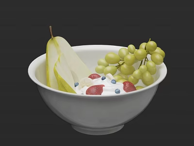 Fresh Fruit Yogurt in White Bowl with Pear Slices Green Grapes Strawberries and Blueberries 3d model
