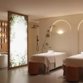 Beauty Salon Interior With Two Massage Beds Bathtub Soft Lighting And Arched Walls