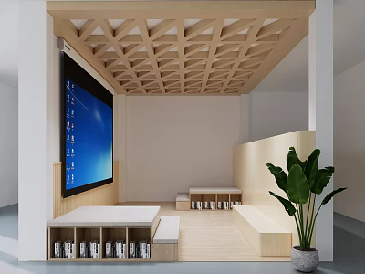 Modern Kindergarten Interior With Wooden Lattice Ceiling Large Screen Bookshelves Benches And Plants 3d model
