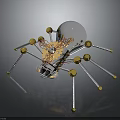 Mechanical Spider Featuring Metal Legs Golden Spheres Gear Components And Reflective Surface Design