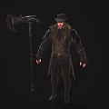 Mysterious Character in Long Coat and Top Hat Standing with Dragon Head Axe Against Dark