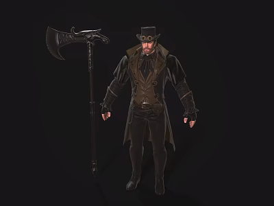 Mysterious Character in Long Coat and Top Hat Standing with Dragon Head Axe Against Dark 3d model